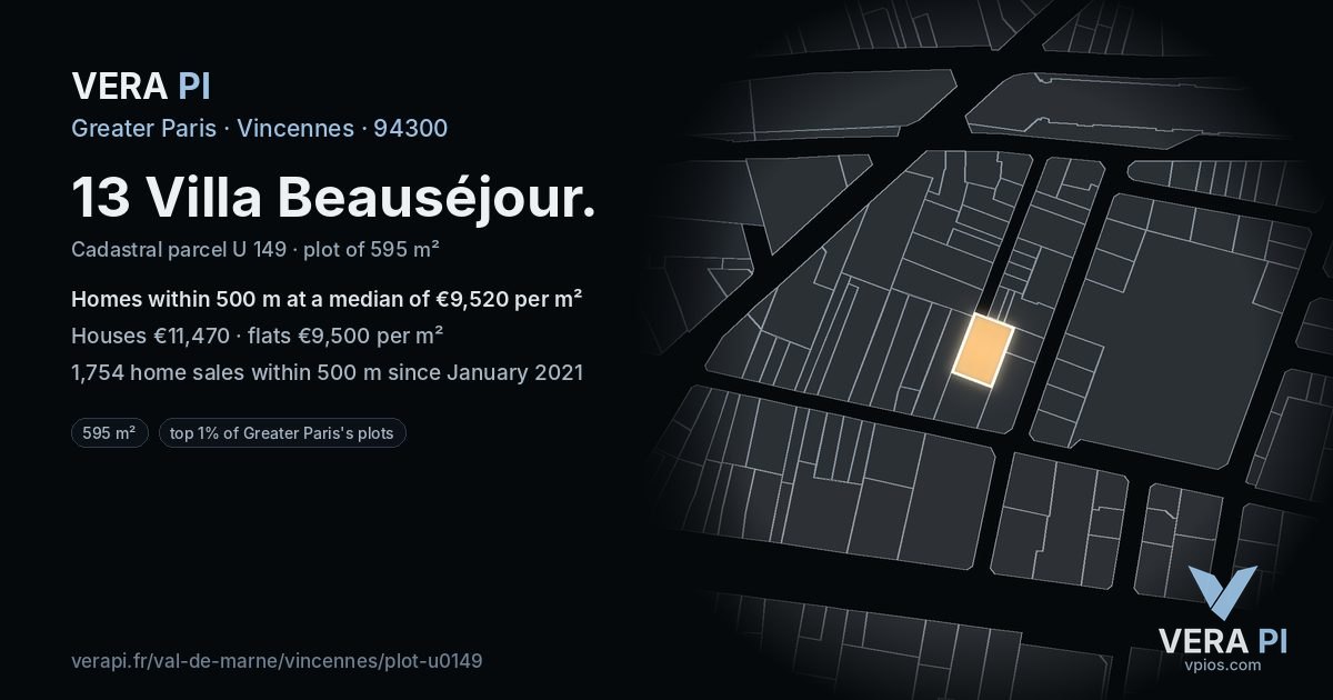 13 Villa Beauséjour, Vincennes at night – the plot lit, the parcels around coloured by the prices near them