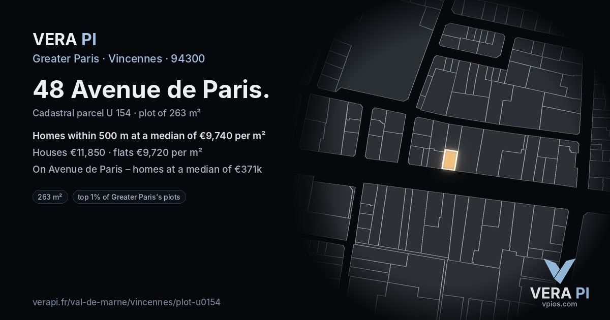 48 Avenue de Paris, Vincennes at night – the plot lit, the parcels around coloured by the prices near them