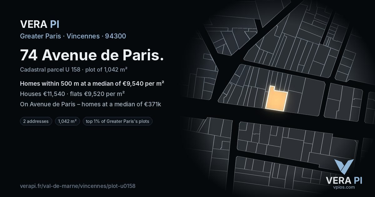 74 Avenue de Paris, Vincennes at night – the plot lit, the parcels around coloured by the prices near them