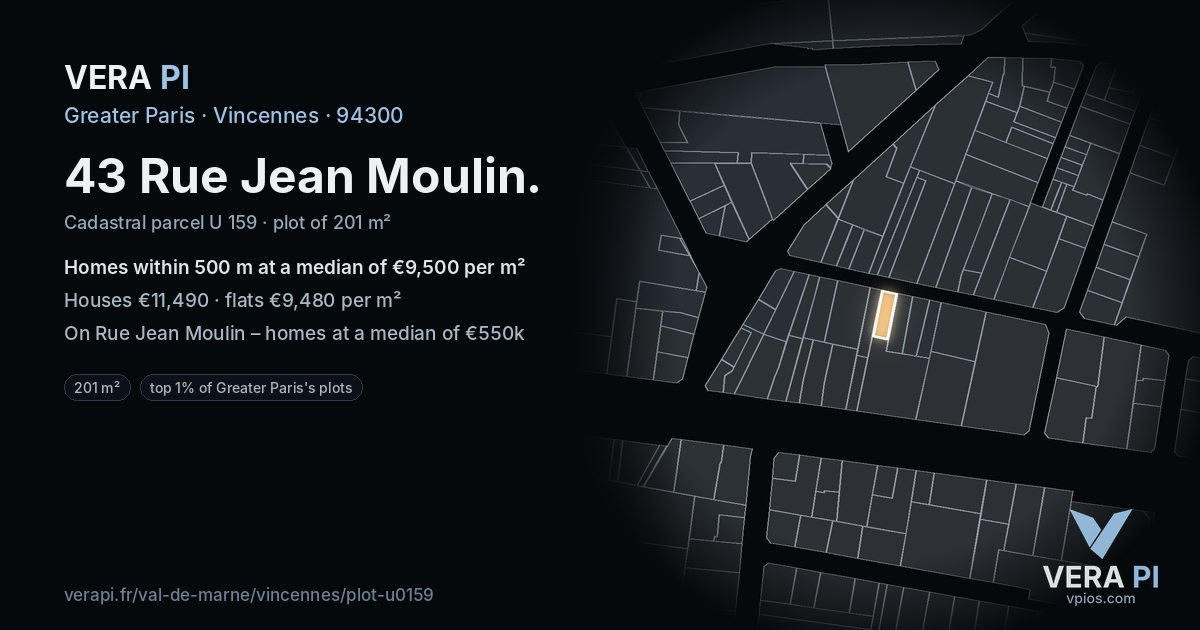 43 Rue Jean Moulin, Vincennes at night – the plot lit, the parcels around coloured by the prices near them