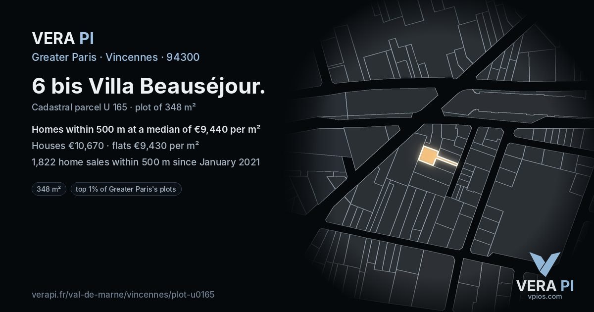 6 bis Villa Beauséjour, Vincennes at night – the plot lit, the parcels around coloured by the prices near them