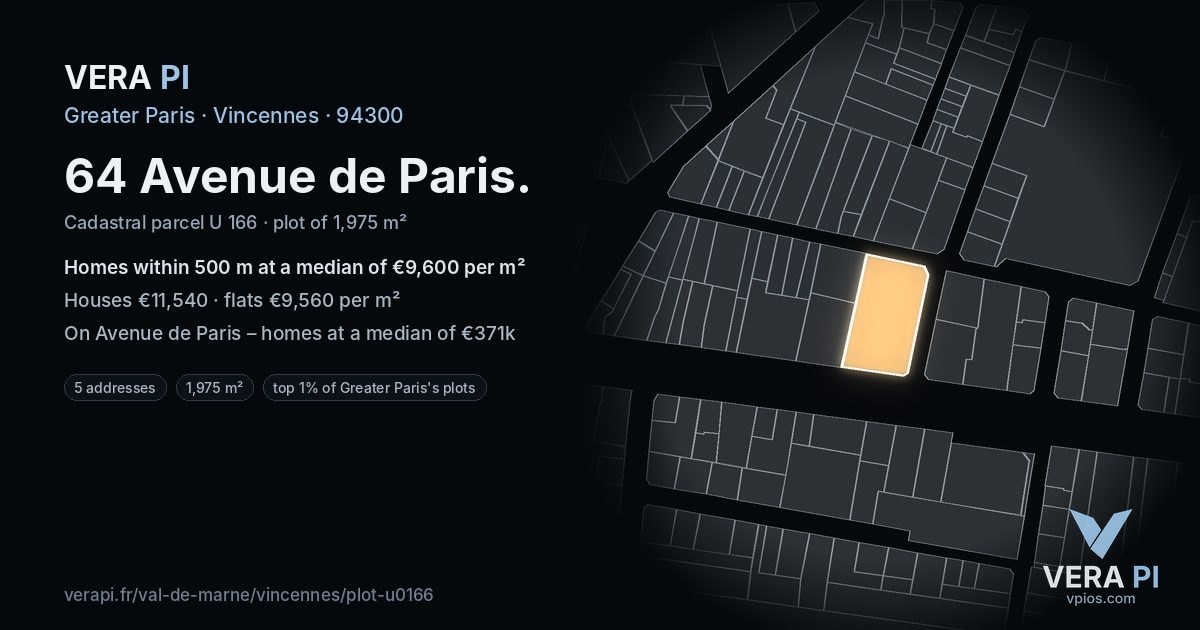 64 Avenue de Paris, Vincennes at night – the plot lit, the parcels around coloured by the prices near them