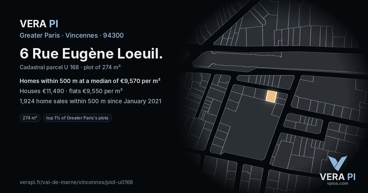 6 Rue Eugène Loeuil, Vincennes at night – the plot lit, the parcels around coloured by the prices near them