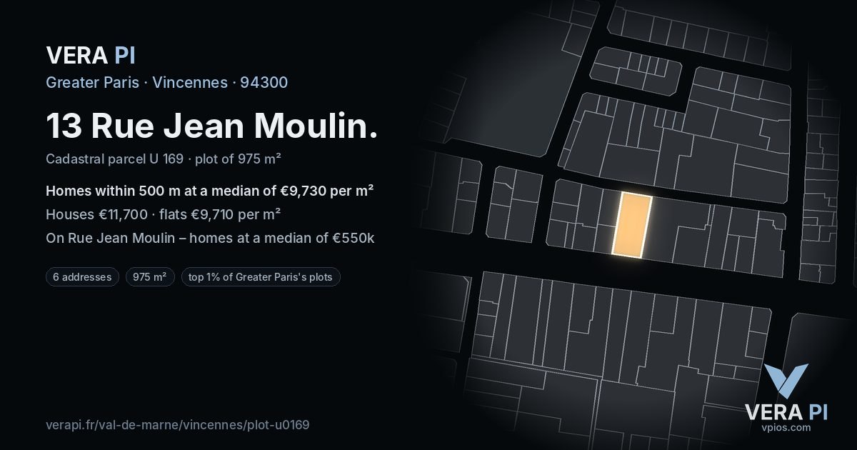 13 Rue Jean Moulin, Vincennes at night – the plot lit, the parcels around coloured by the prices near them