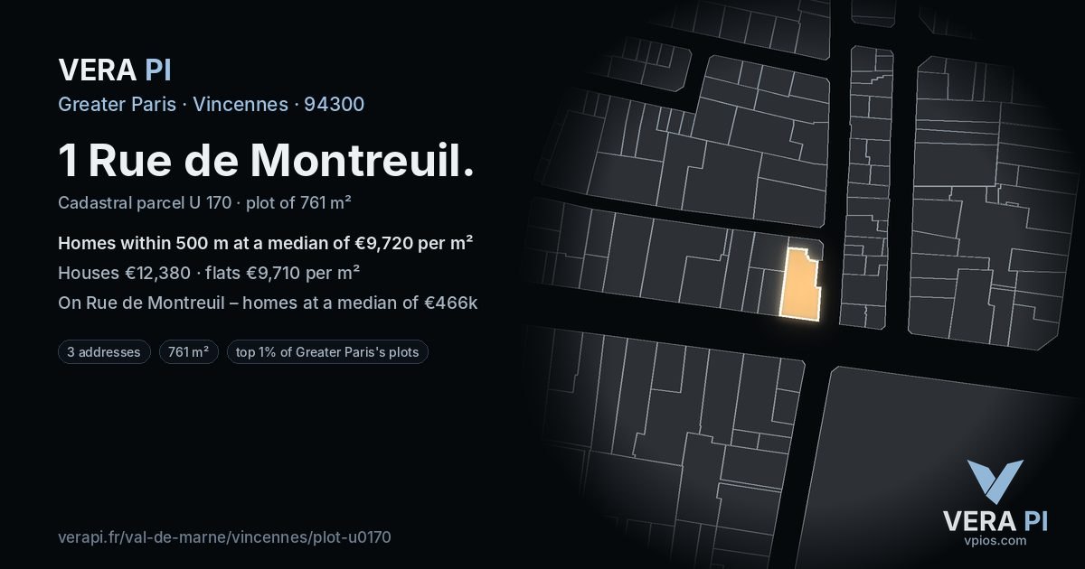 1 Rue de Montreuil, Vincennes at night – the plot lit, the parcels around coloured by the prices near them