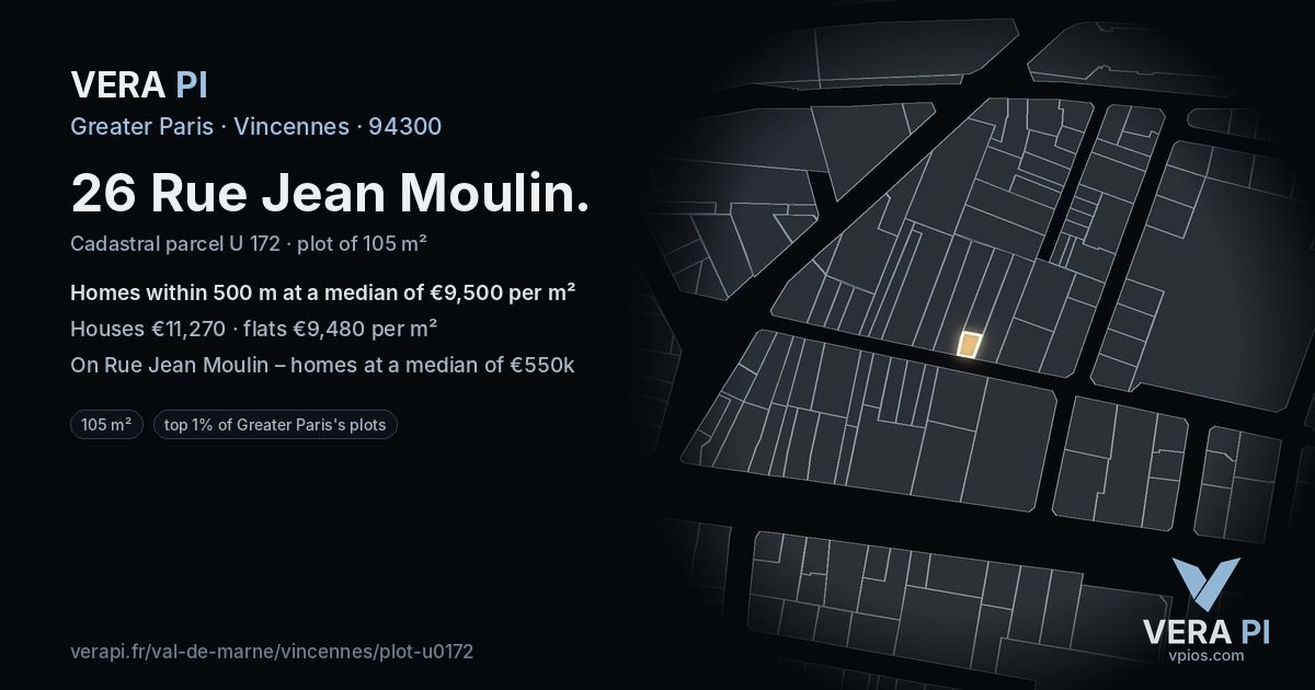 26 Rue Jean Moulin, Vincennes at night – the plot lit, the parcels around coloured by the prices near them