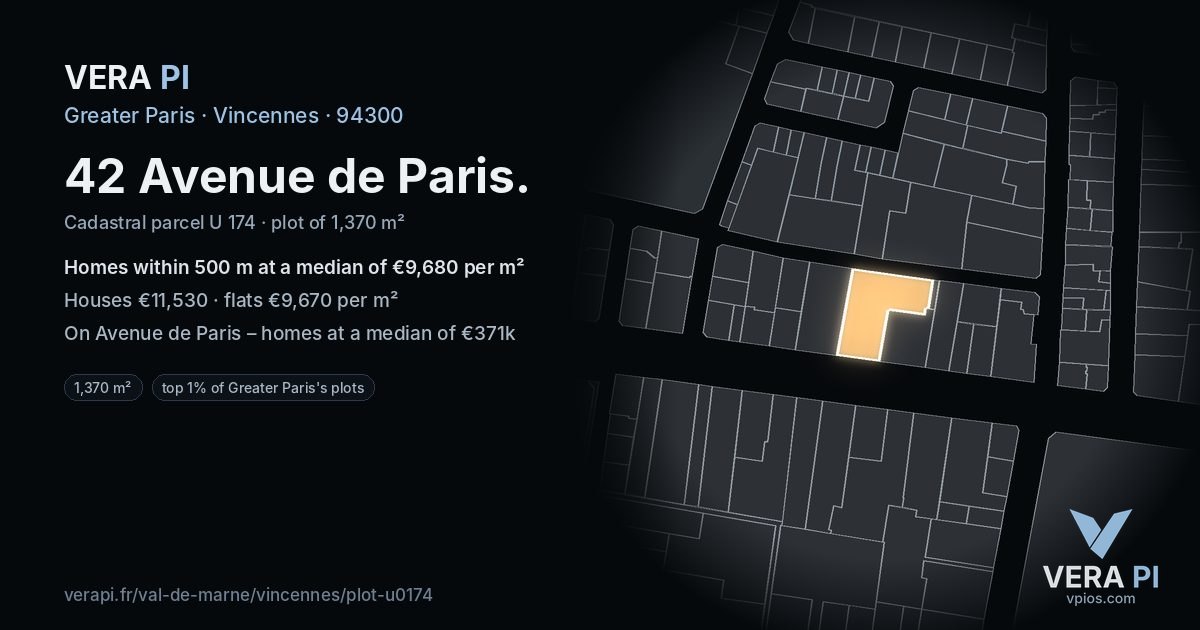 42 Avenue de Paris, Vincennes at night – the plot lit, the parcels around coloured by the prices near them