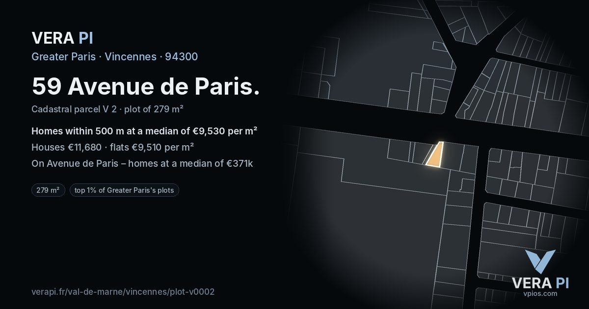 59 Avenue de Paris, Vincennes at night – the plot lit, the parcels around coloured by the prices near them