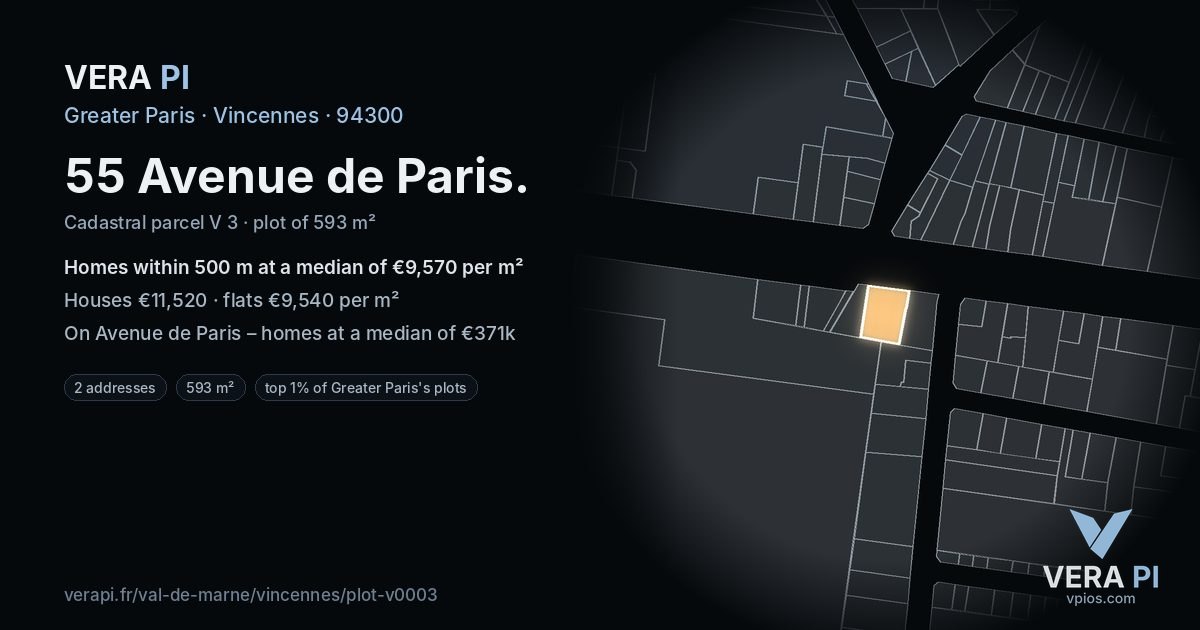 55 Avenue de Paris, Vincennes at night – the plot lit, the parcels around coloured by the prices near them