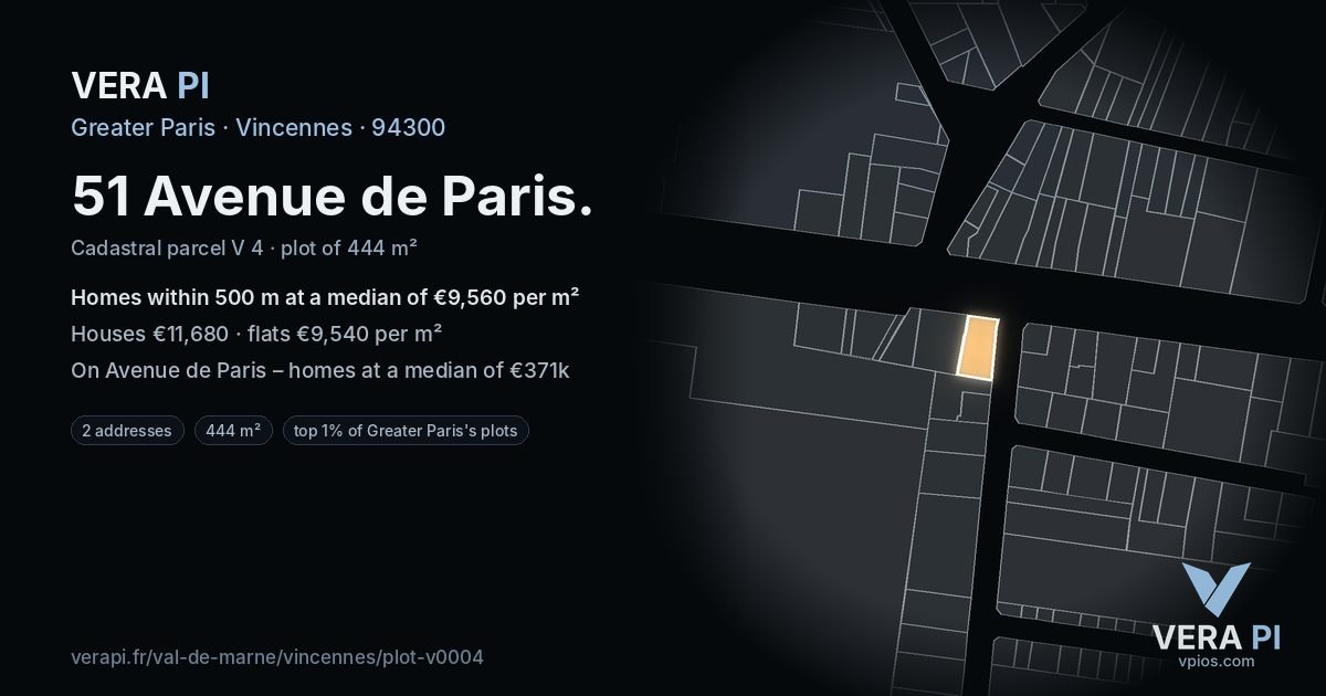 51 Avenue de Paris, Vincennes at night – the plot lit, the parcels around coloured by the prices near them