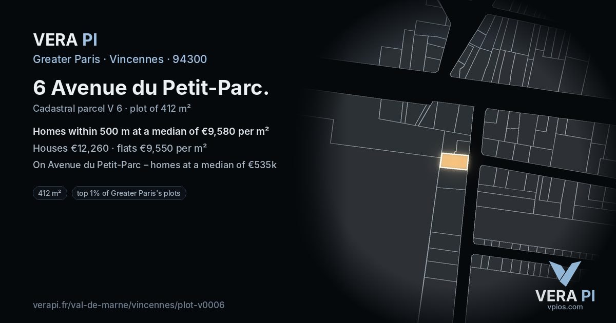 6 Avenue du Petit-Parc, Vincennes at night – the plot lit, the parcels around coloured by the prices near them