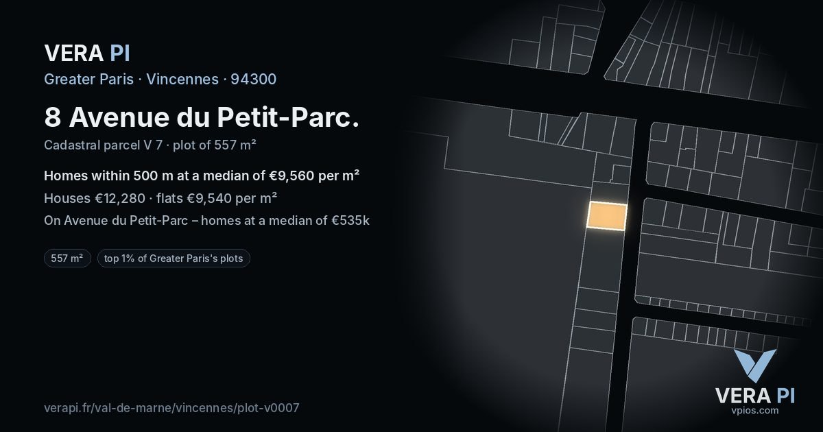 8 Avenue du Petit-Parc, Vincennes at night – the plot lit, the parcels around coloured by the prices near them