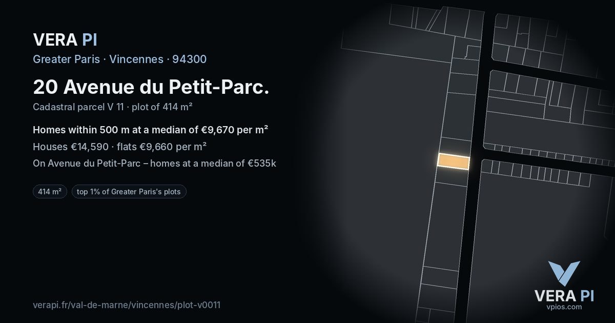 20 Avenue du Petit-Parc, Vincennes at night – the plot lit, the parcels around coloured by the prices near them