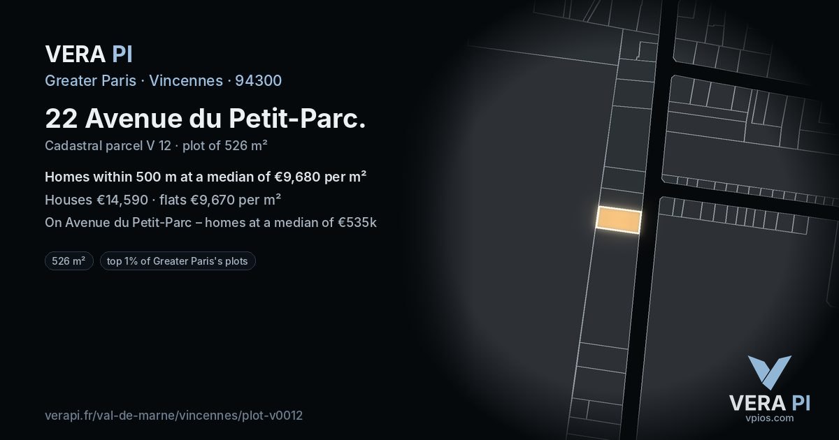 22 Avenue du Petit-Parc, Vincennes at night – the plot lit, the parcels around coloured by the prices near them