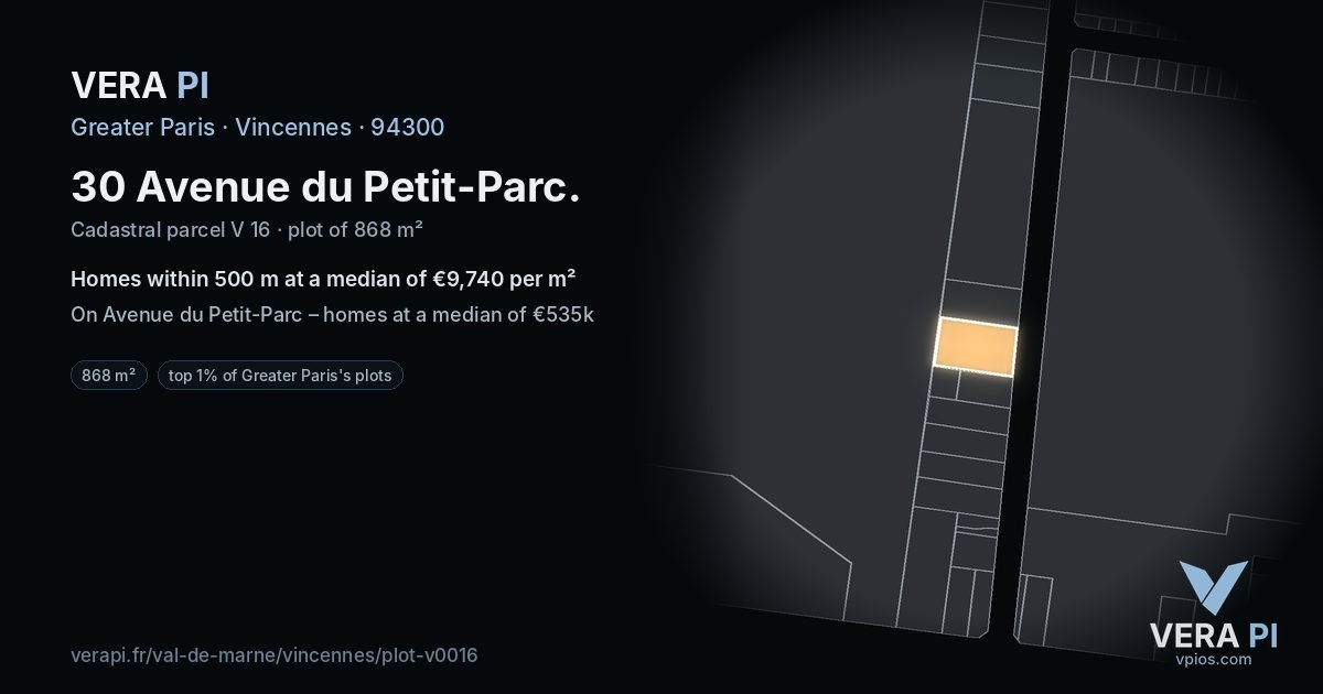 30 Avenue du Petit-Parc, Vincennes at night – the plot lit, the parcels around coloured by the prices near them