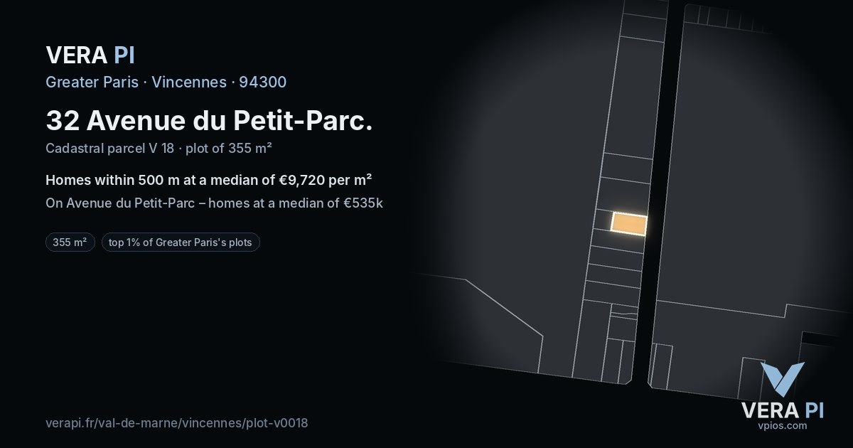 32 Avenue du Petit-Parc, Vincennes at night – the plot lit, the parcels around coloured by the prices near them