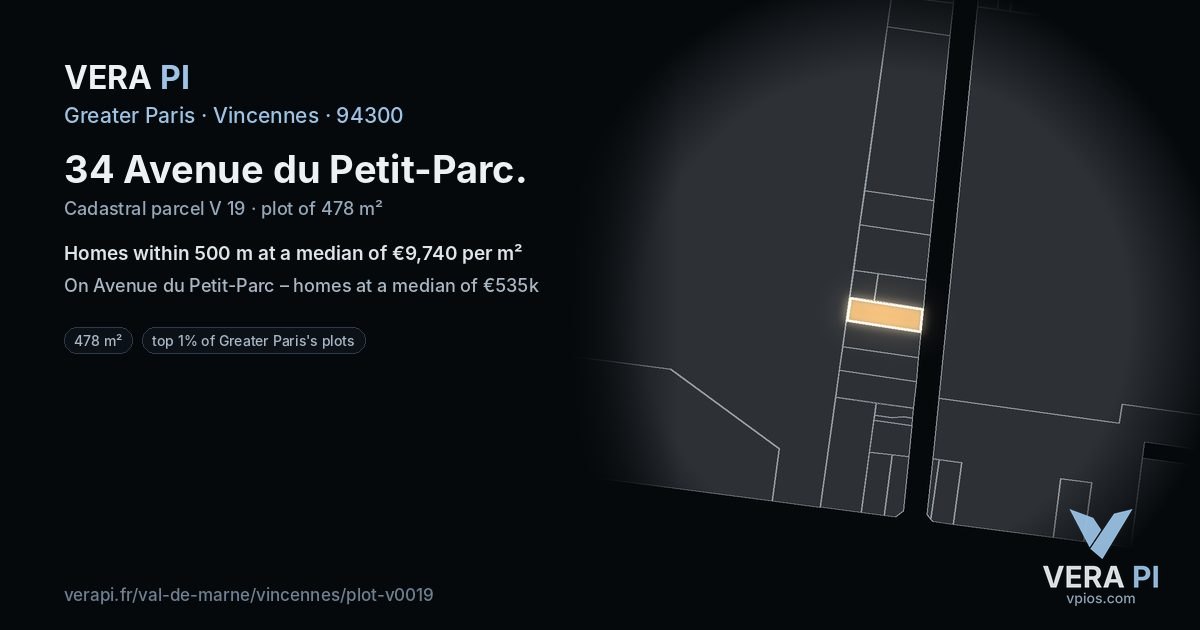 34 Avenue du Petit-Parc, Vincennes at night – the plot lit, the parcels around coloured by the prices near them
