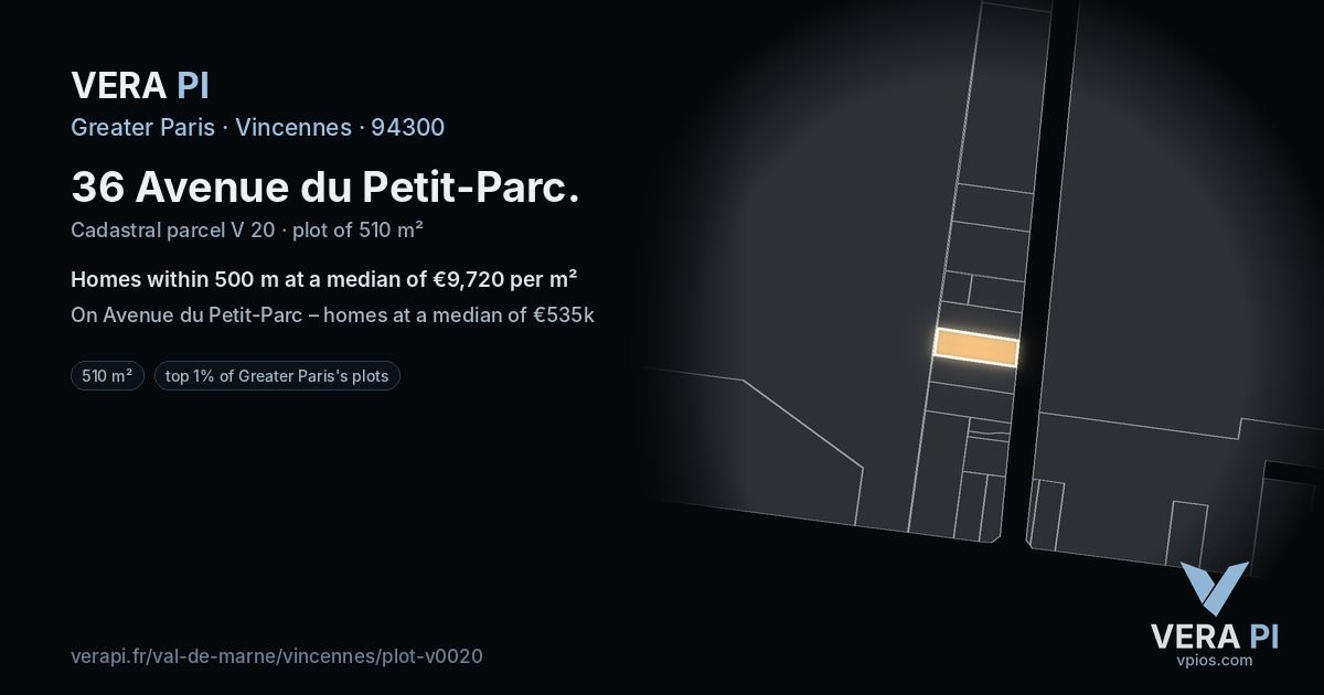 36 Avenue du Petit-Parc, Vincennes at night – the plot lit, the parcels around coloured by the prices near them
