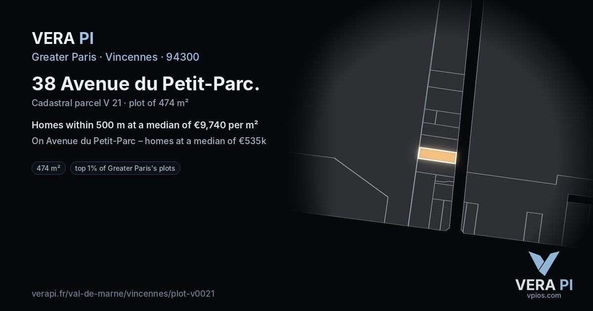 38 Avenue du Petit-Parc, Vincennes at night – the plot lit, the parcels around coloured by the prices near them