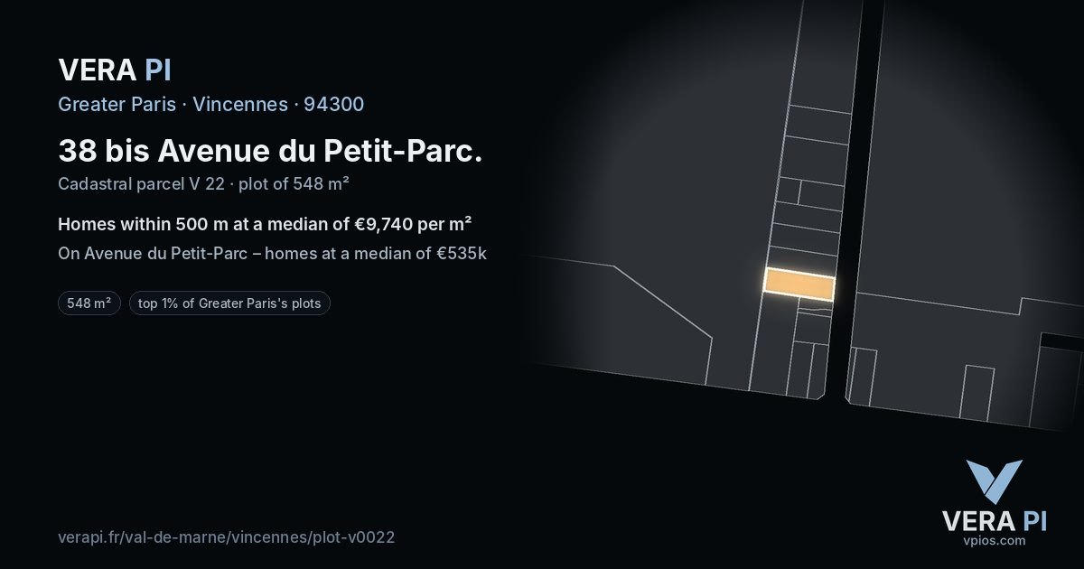 38 bis Avenue du Petit-Parc, Vincennes at night – the plot lit, the parcels around coloured by the prices near them
