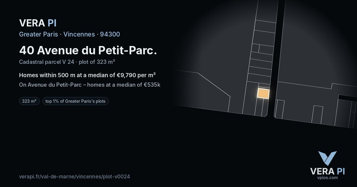 40 Avenue du Petit-Parc, Vincennes at night – the plot lit, the parcels around coloured by the prices near them