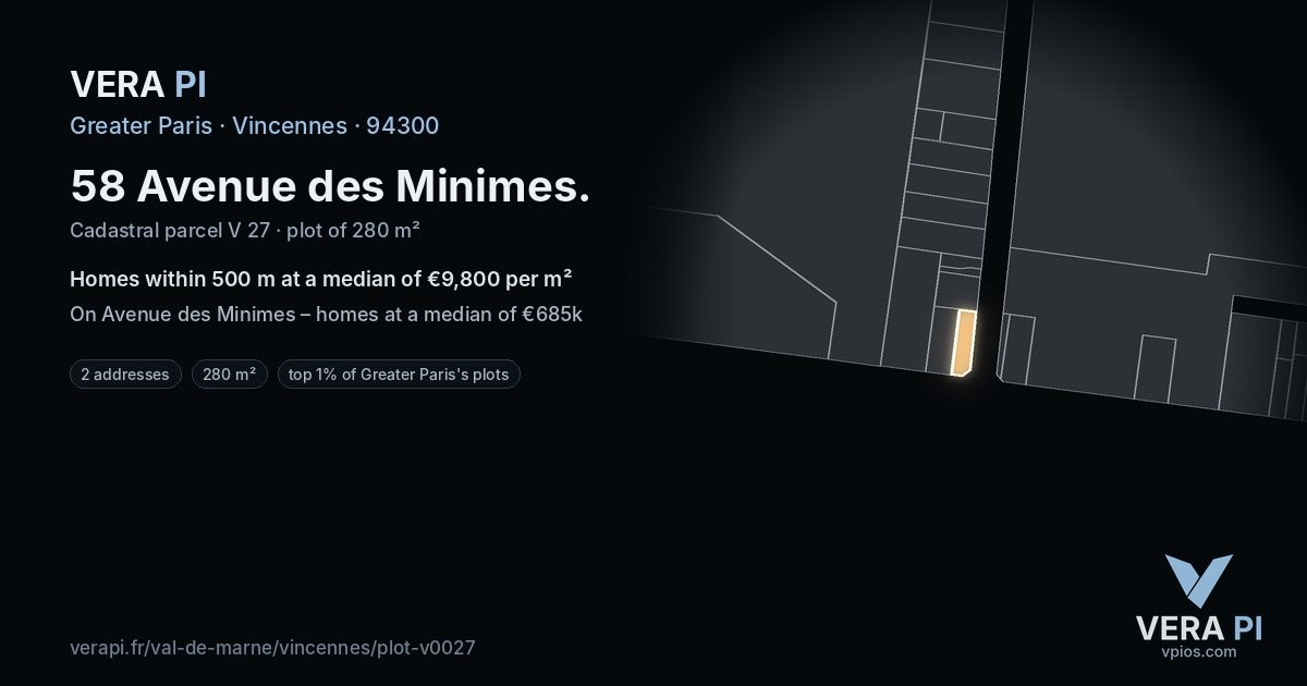 58 Avenue des Minimes, Vincennes at night – the plot lit, the parcels around coloured by the prices near them