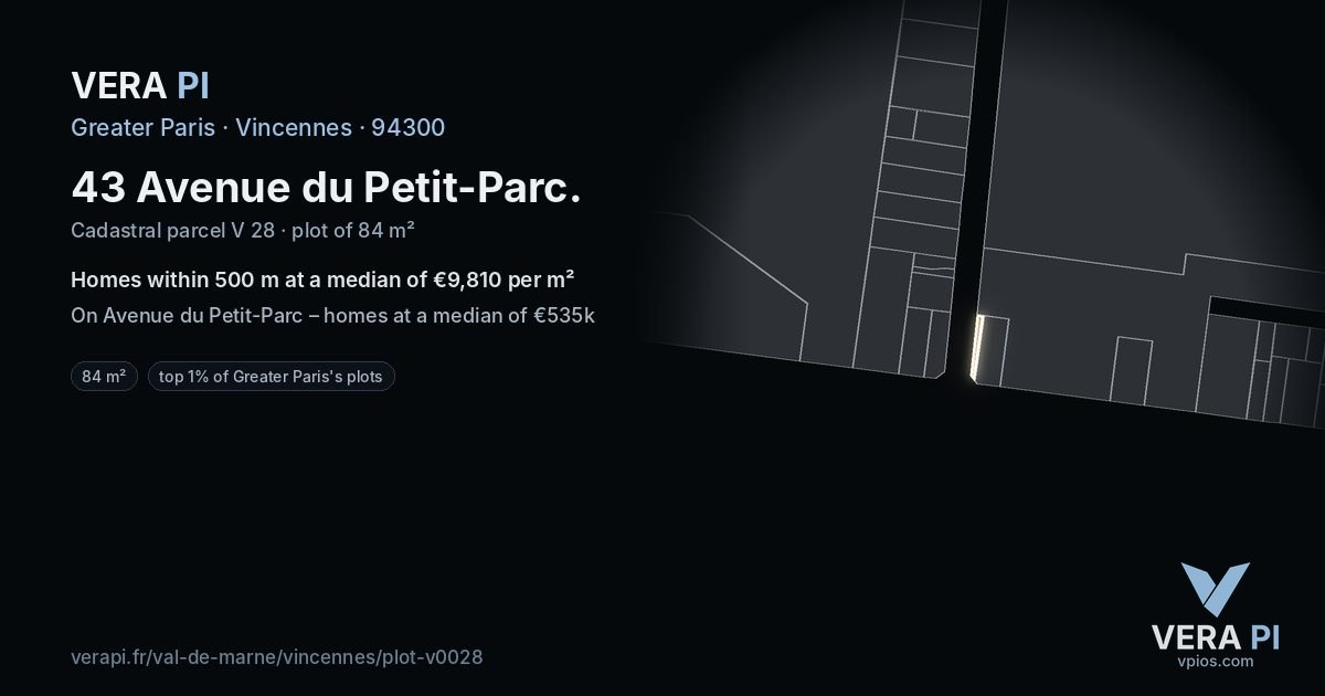 43 Avenue du Petit-Parc, Vincennes at night – the plot lit, the parcels around coloured by the prices near them