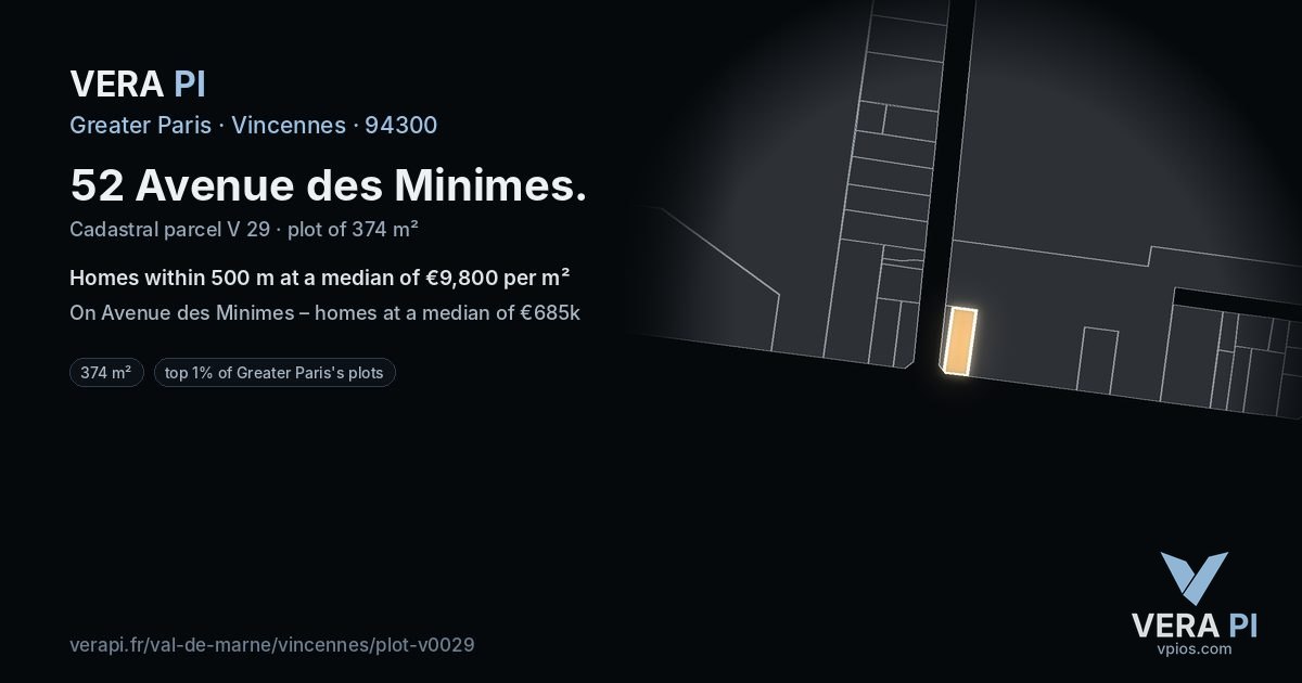 52 Avenue des Minimes, Vincennes at night – the plot lit, the parcels around coloured by the prices near them