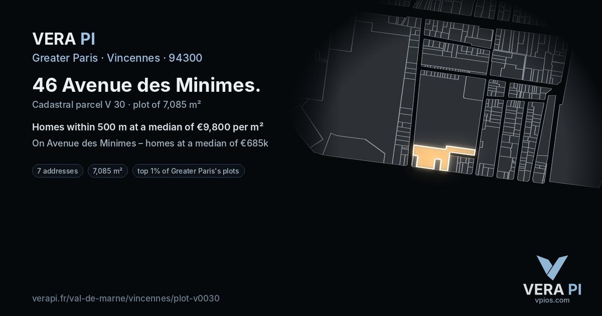 46 Avenue des Minimes, Vincennes at night – the plot lit, the parcels around coloured by the prices near them