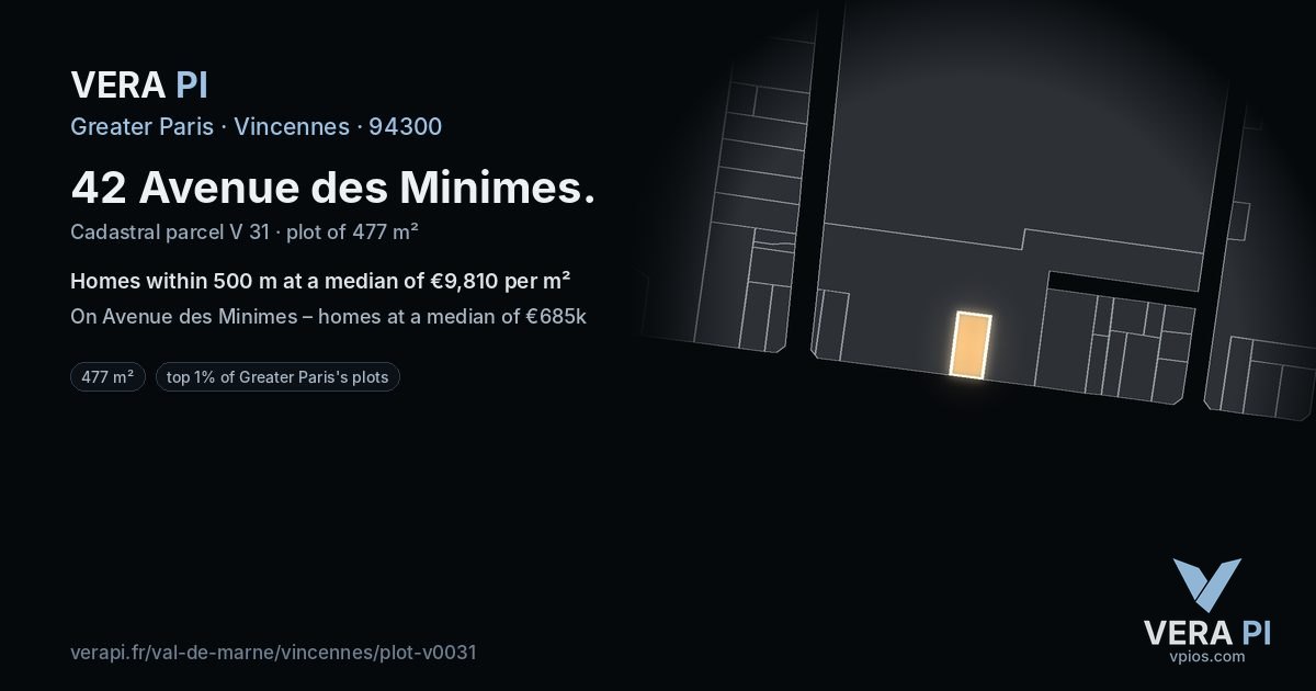 42 Avenue des Minimes, Vincennes at night – the plot lit, the parcels around coloured by the prices near them