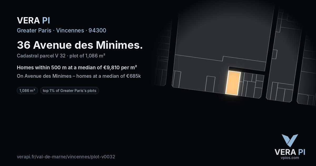 36 Avenue des Minimes, Vincennes at night – the plot lit, the parcels around coloured by the prices near them
