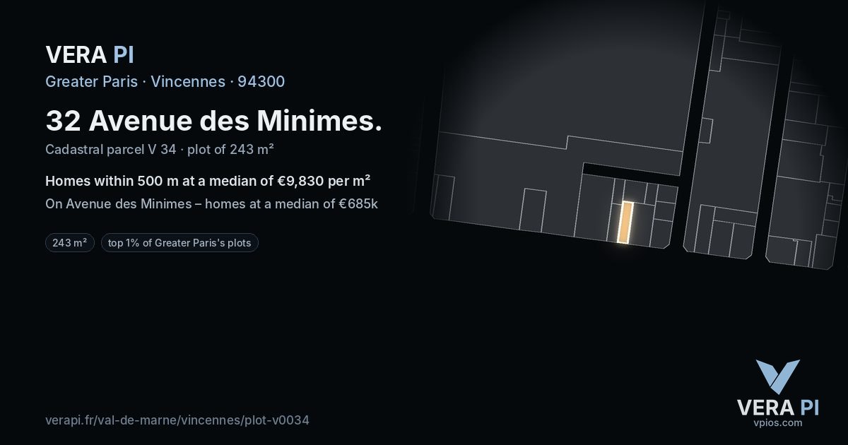 32 Avenue des Minimes, Vincennes at night – the plot lit, the parcels around coloured by the prices near them