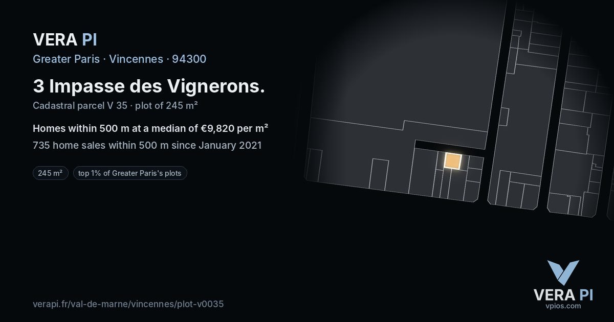 3 Impasse des Vignerons, Vincennes at night – the plot lit, the parcels around coloured by the prices near them