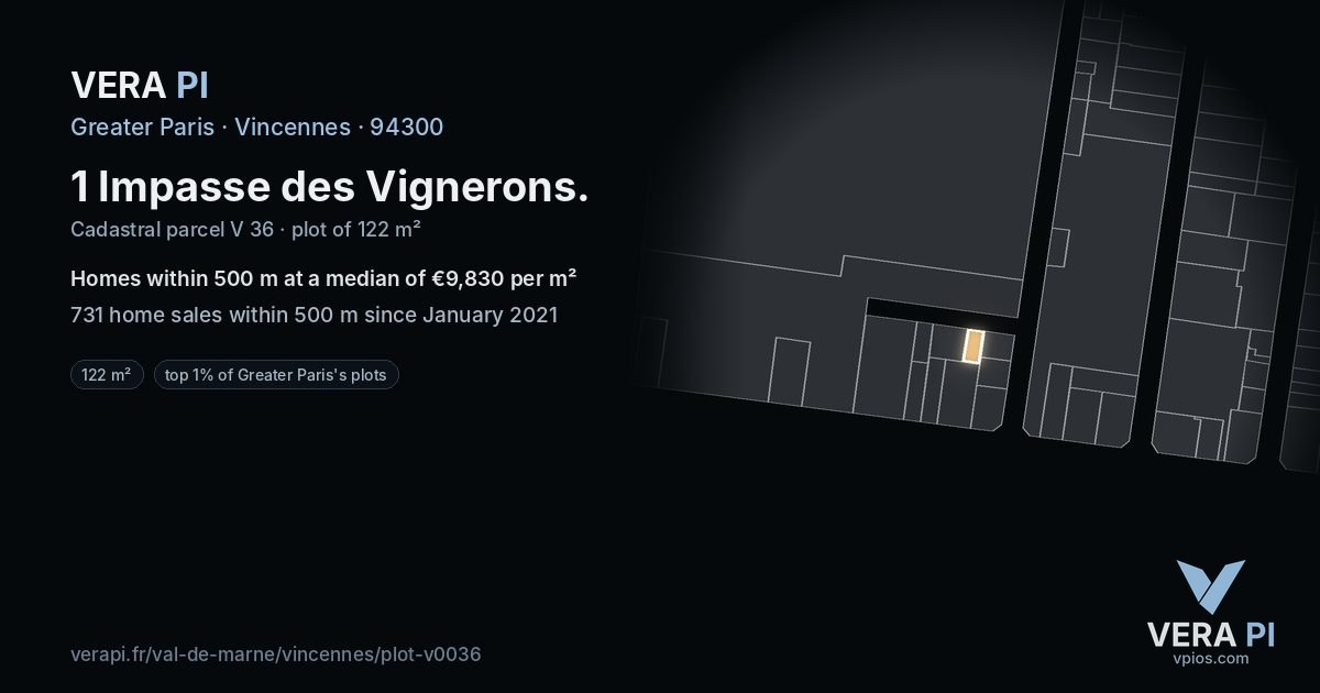 1 Impasse des Vignerons, Vincennes at night – the plot lit, the parcels around coloured by the prices near them