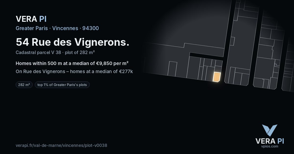 54 Rue des Vignerons, Vincennes at night – the plot lit, the parcels around coloured by the prices near them