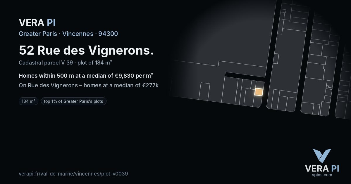 52 Rue des Vignerons, Vincennes at night – the plot lit, the parcels around coloured by the prices near them