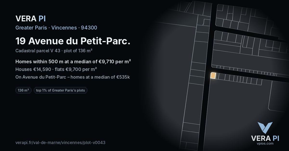 19 Avenue du Petit-Parc, Vincennes at night – the plot lit, the parcels around coloured by the prices near them