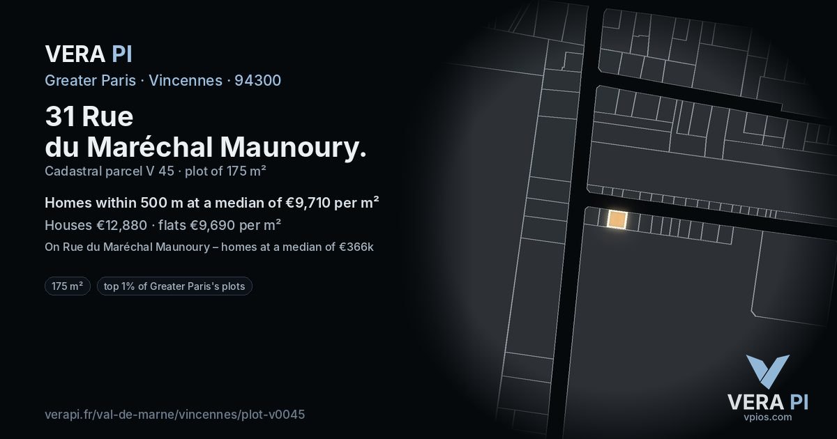 31 Rue du Maréchal Maunoury, Vincennes at night – the plot lit, the parcels around coloured by the prices near them