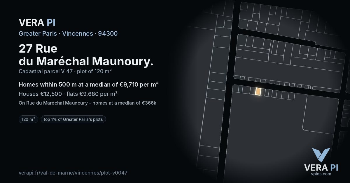 27 Rue du Maréchal Maunoury, Vincennes at night – the plot lit, the parcels around coloured by the prices near them