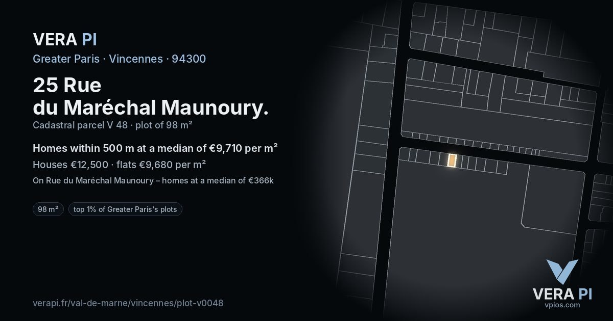 25 Rue du Maréchal Maunoury, Vincennes at night – the plot lit, the parcels around coloured by the prices near them