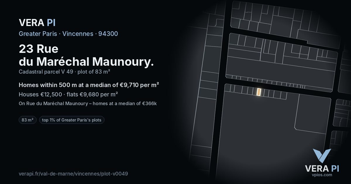 23 Rue du Maréchal Maunoury, Vincennes at night – the plot lit, the parcels around coloured by the prices near them