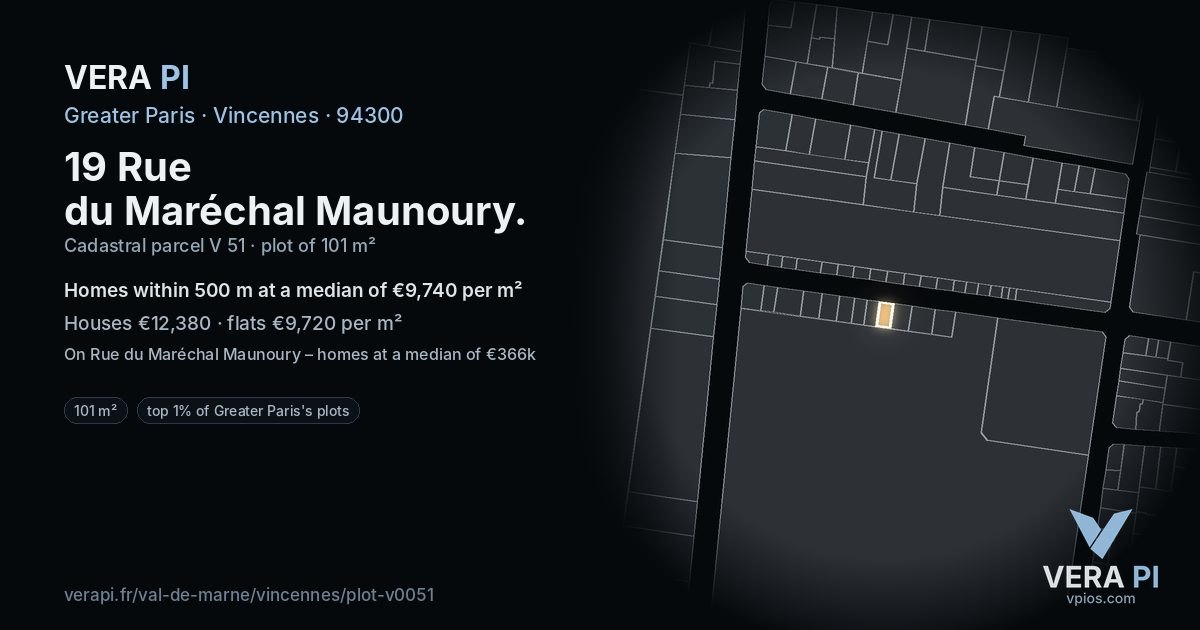 19 Rue du Maréchal Maunoury, Vincennes at night – the plot lit, the parcels around coloured by the prices near them
