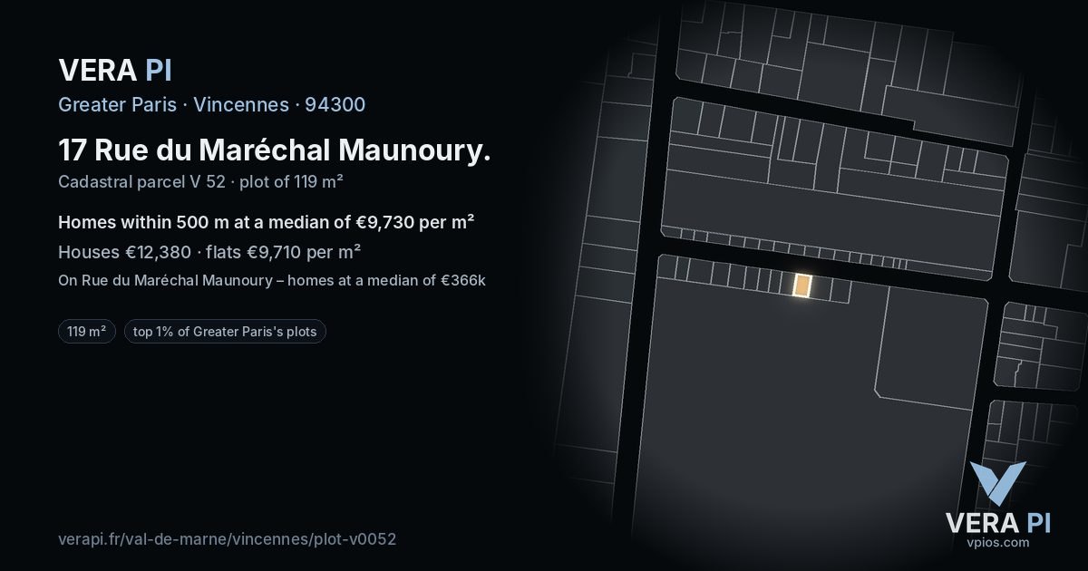 17 Rue du Maréchal Maunoury, Vincennes at night – the plot lit, the parcels around coloured by the prices near them