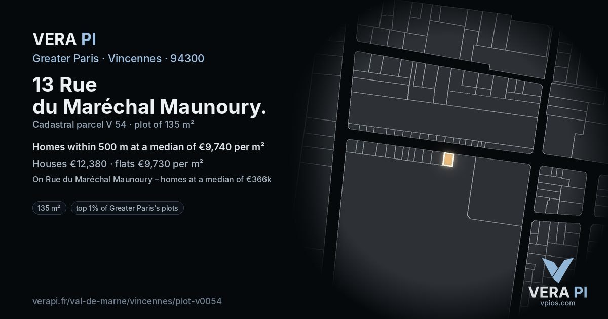13 Rue du Maréchal Maunoury, Vincennes at night – the plot lit, the parcels around coloured by the prices near them