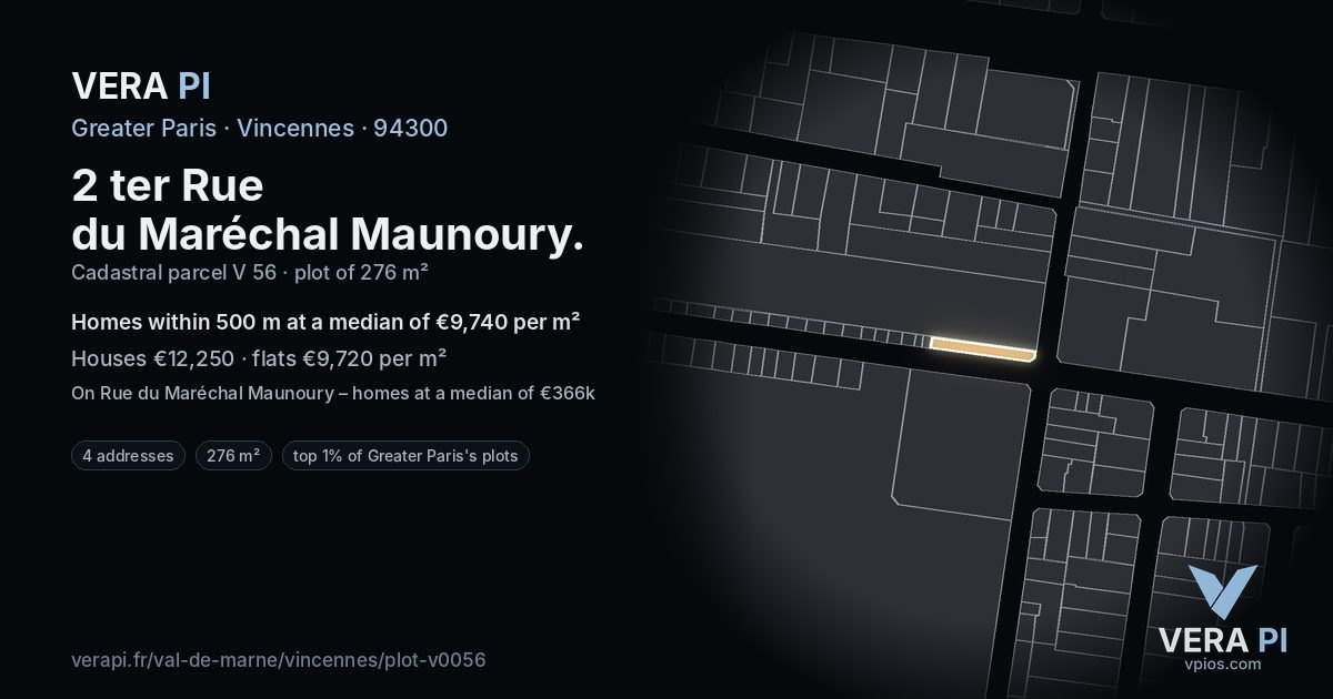 2 ter Rue du Maréchal Maunoury, Vincennes at night – the plot lit, the parcels around coloured by the prices near them