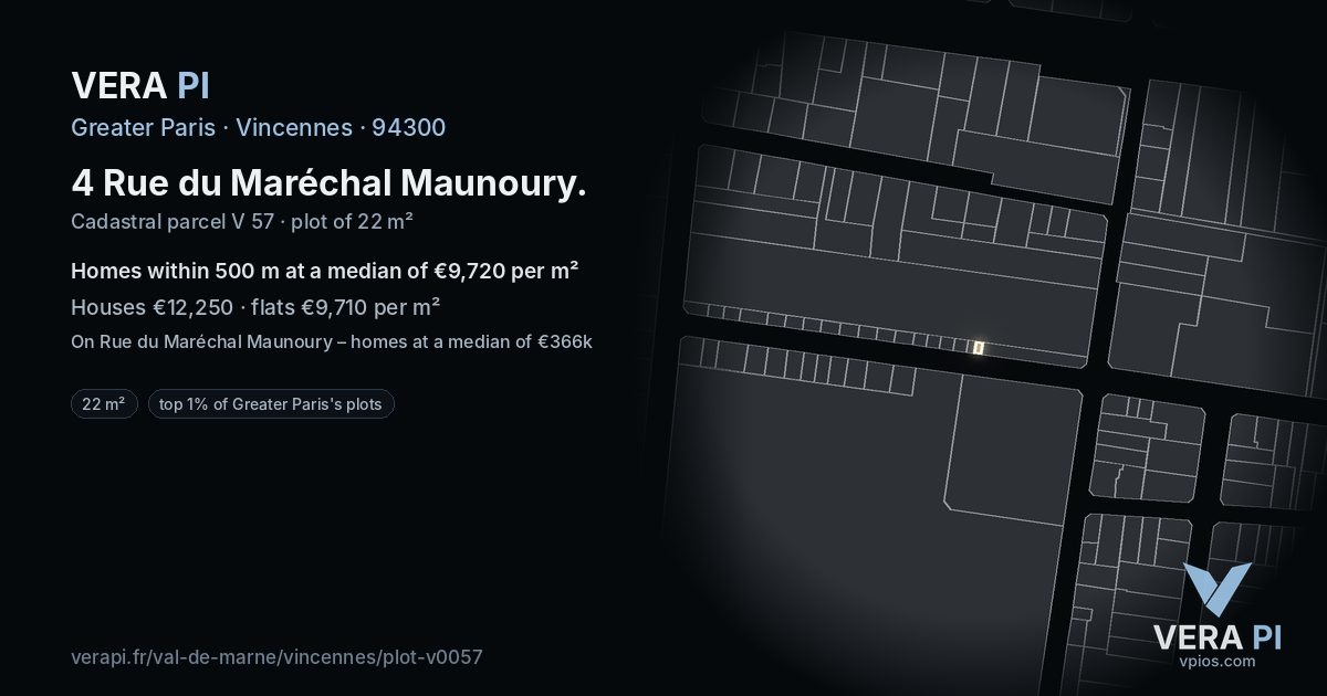 4 Rue du Maréchal Maunoury, Vincennes at night – the plot lit, the parcels around coloured by the prices near them