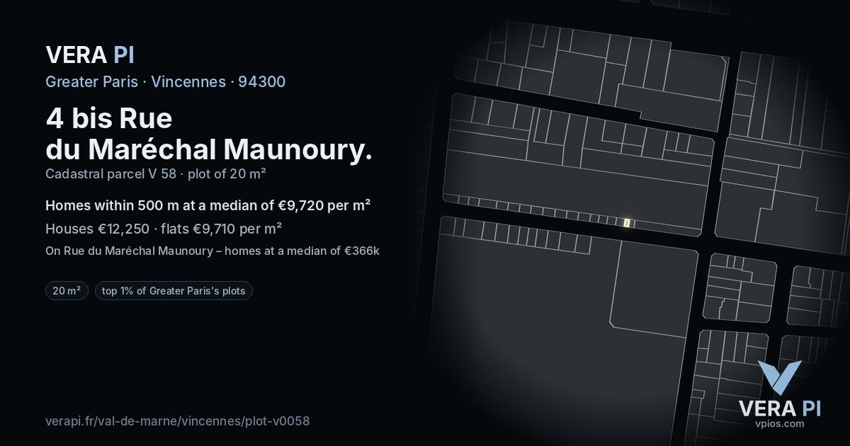 4 bis Rue du Maréchal Maunoury, Vincennes at night – the plot lit, the parcels around coloured by the prices near them
