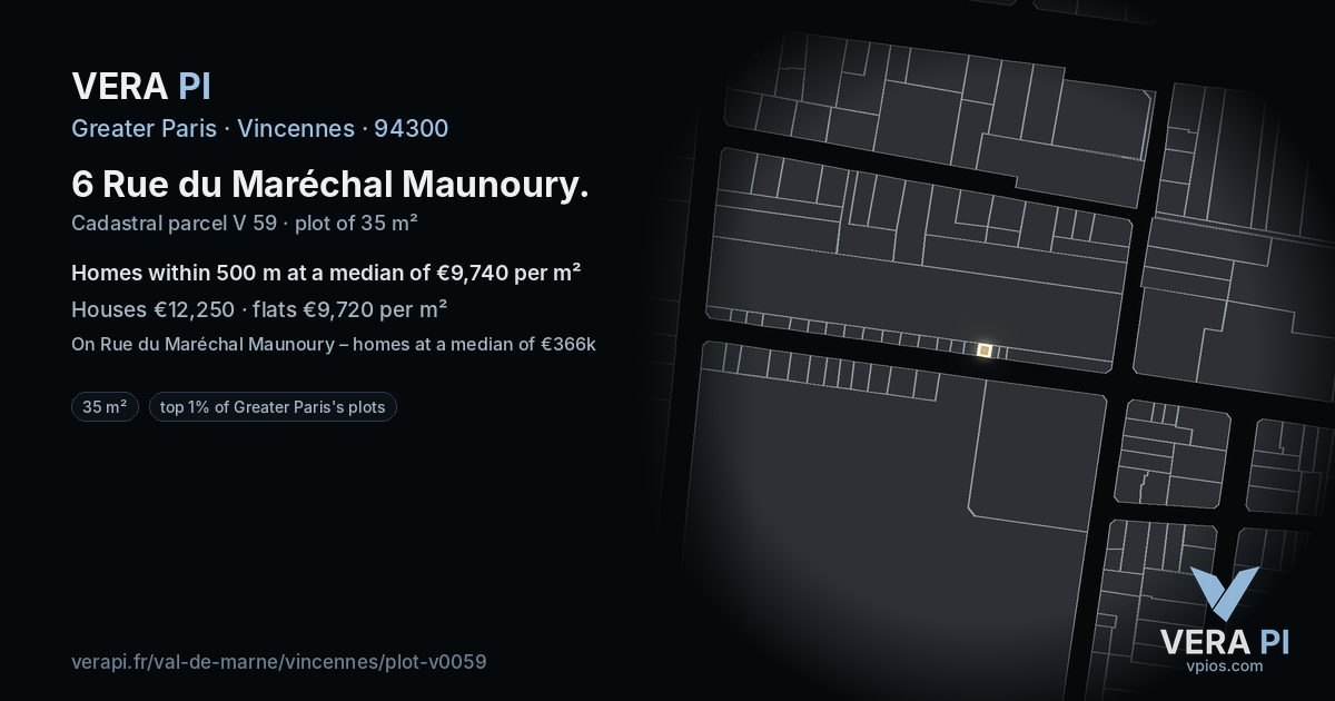 6 Rue du Maréchal Maunoury, Vincennes at night – the plot lit, the parcels around coloured by the prices near them