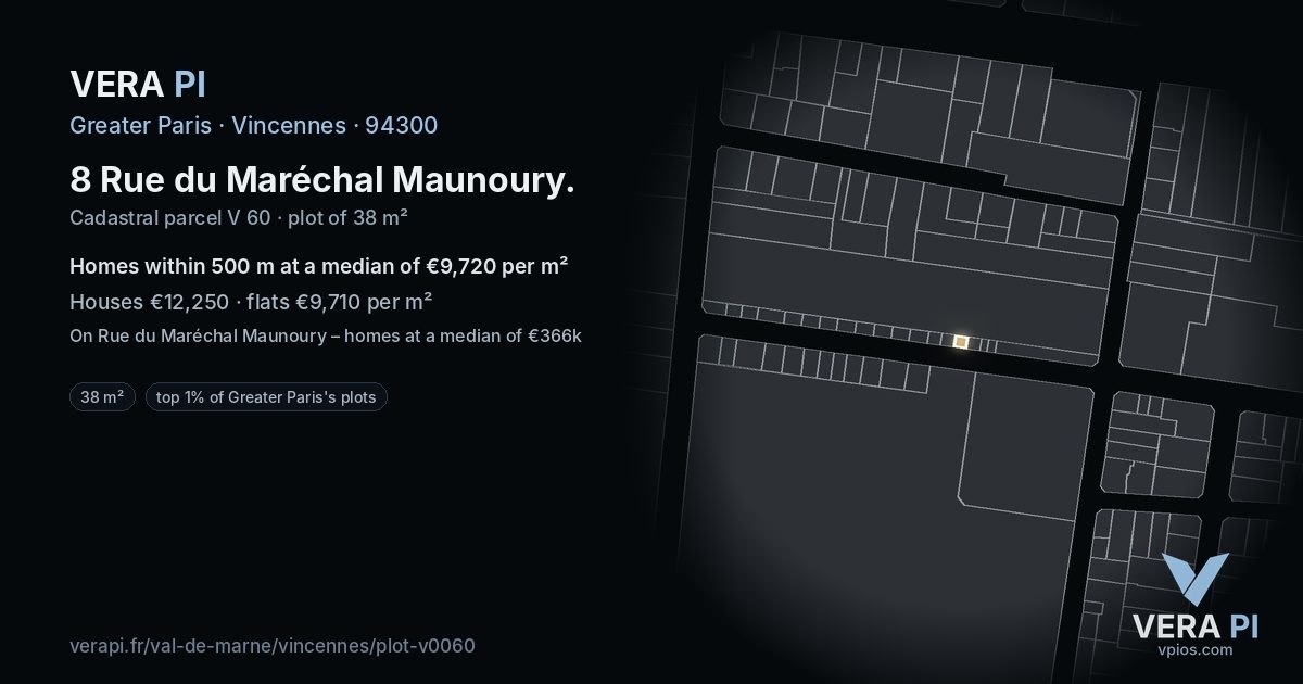 8 Rue du Maréchal Maunoury, Vincennes at night – the plot lit, the parcels around coloured by the prices near them