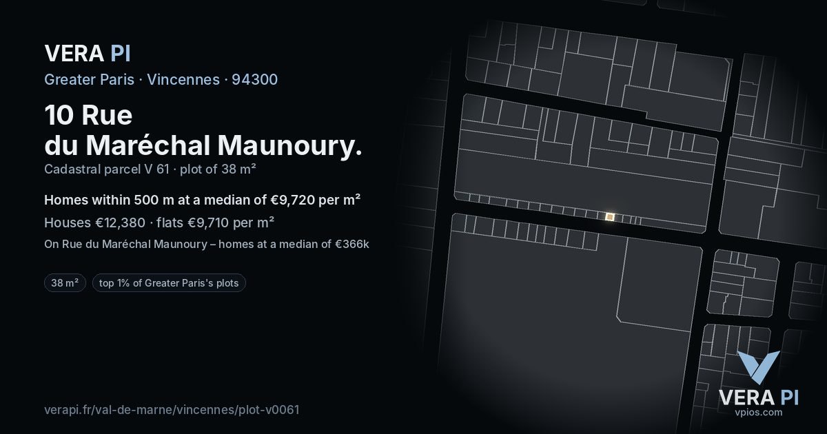 10 Rue du Maréchal Maunoury, Vincennes at night – the plot lit, the parcels around coloured by the prices near them